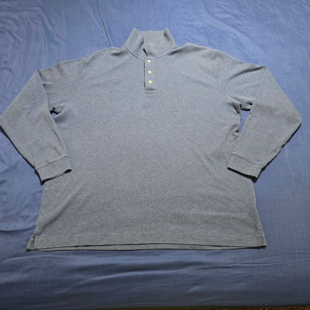Lands' End Mock Neck Polo Shirt Mens XL Blue Excellent Pima Cotton Long‎ Sleeve